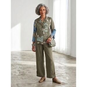 Citron Santa Monica Silk Fukure 2pc Set Floral Top Wide Leg Pants Green Blue XL